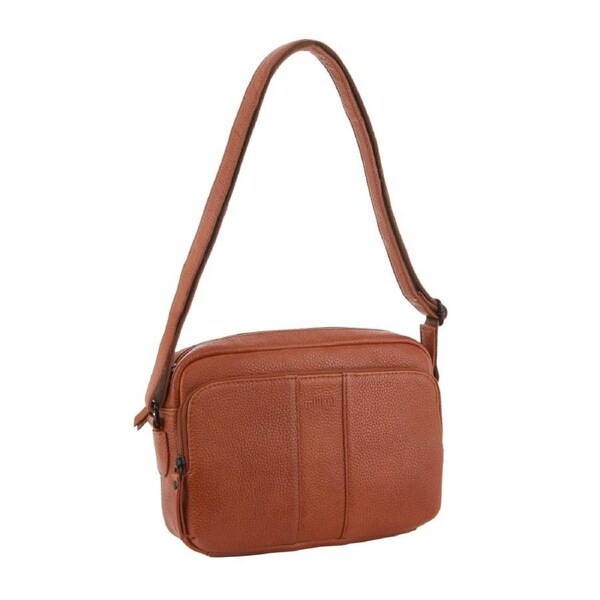 Milleni Women's Multi Zip Leather Shoulder Crossbody Bag 26x20cm Cognac