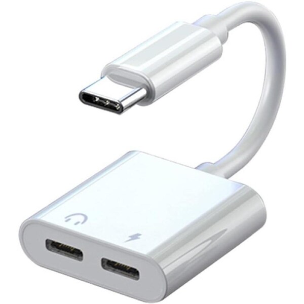 USB C to Dual USB C Audio Headphone and Charging Fast Charging 60W/100W Adapter for iPhone 15 Series, Samsung Xiaomi Huawei - White