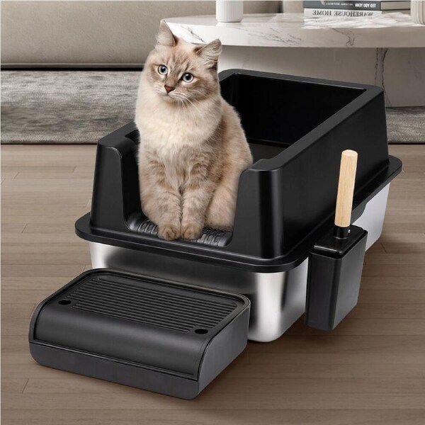 Petzly Stainless Steel Cat Litter Box Enclosed XXL Litter Tray Toilet Non Stick