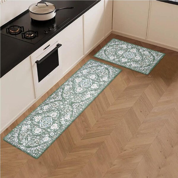 ZUNI Kitchen Mats Set of 2 Non Slip Comfort Standing Rug Door Floor Mats Green