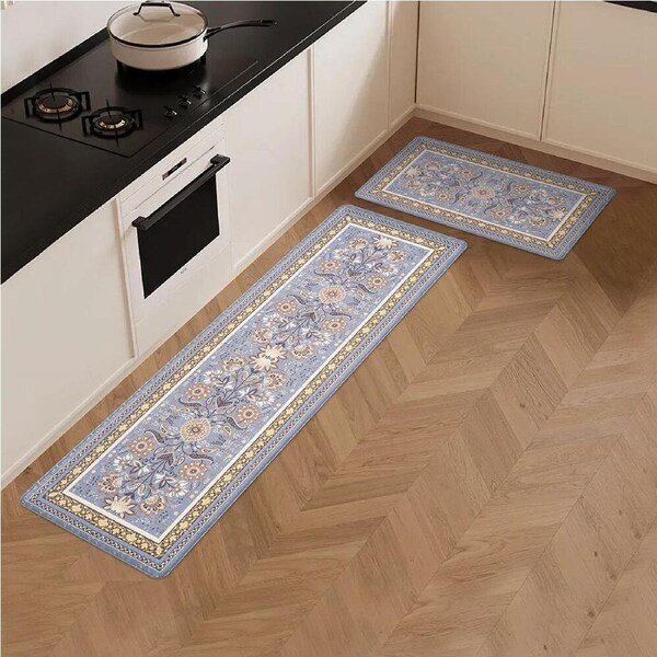 ZUNI Kitchen Mats Set of 2 Non Slip Comfort Standing Rug Door Floor Mats Blue