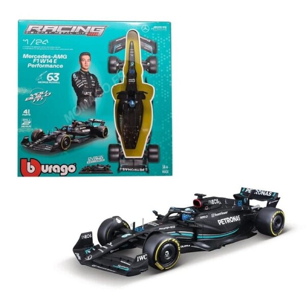 Bburago Formula Racing Model Kit 2023 F-1 Mercedes AMG W14 #63 George Russell with Helmet 1:24 Scale Diecast Vehicle