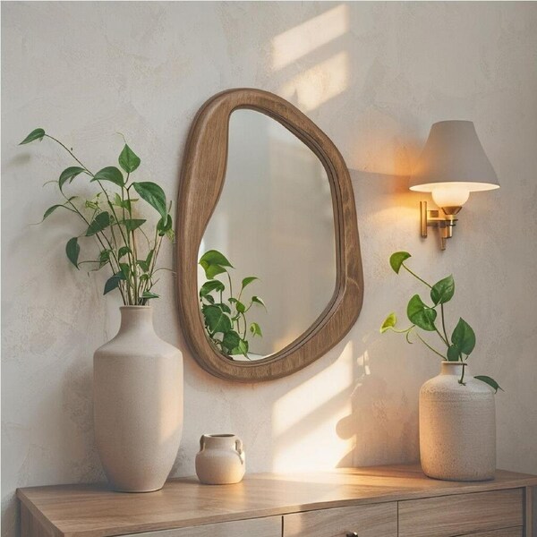 Willow & Silk 65cm Sleek Mid- Century Asymmetric Wood Framed Wall Mirror 49x65cm