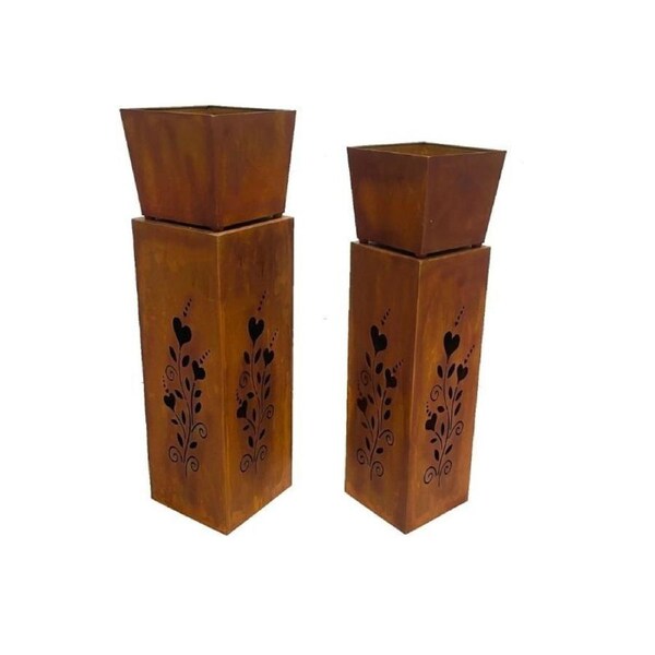 2x RusticSquare Square Planter On Pillar Base Heart Pattern 26x93cm