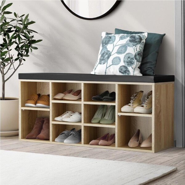 Oikiture Shoe Cabinet Bench Shoe Storage Rack PU Padded Seat Organiser Cupboard Wood & Black