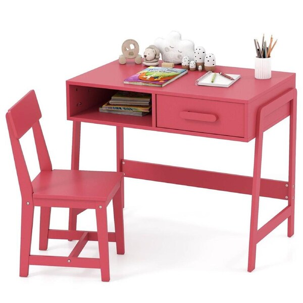Costway Table & Chair Set Wooden Study Desk Set w/Storage Drawer Student Writing Desk Set Pink