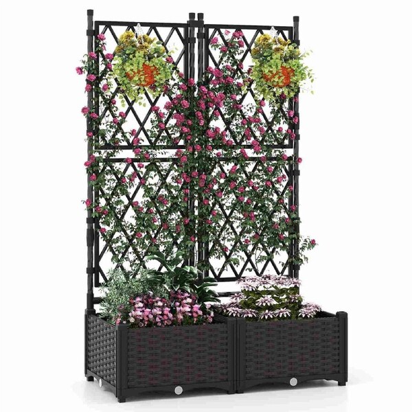 Costway Raised Garden Bed w/Lattice Trellis Self-Watering Elevated Vertical Planter Boxes Black