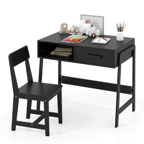 Costway Table & Chair Set Wooden Study Desk Set w/Storage Drawer Student Writing Desk Set Black