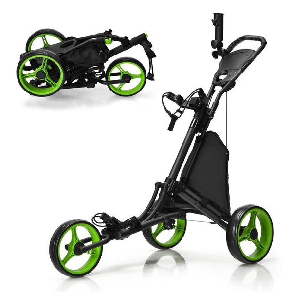 Costway Foldable Golf Buggy Trolley 3 Wheels Golf Club Push Cart Adjustable w/Storage Bag & Umbrella Holder Black