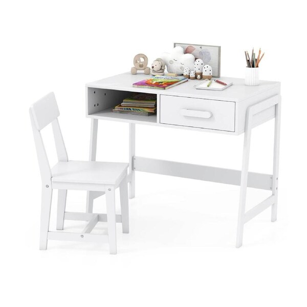 Costway Table & Chair Set Wooden Study Desk Set w/Storage Drawer Student Writing Desk Set White