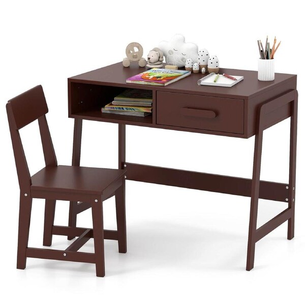 Costway Table & Chair Set Wooden Study Desk Set w/Storage Drawer Student Writing Desk Set Brown