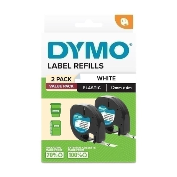 Dymo 2191235 LetraTag PlasTape Wht Pk2