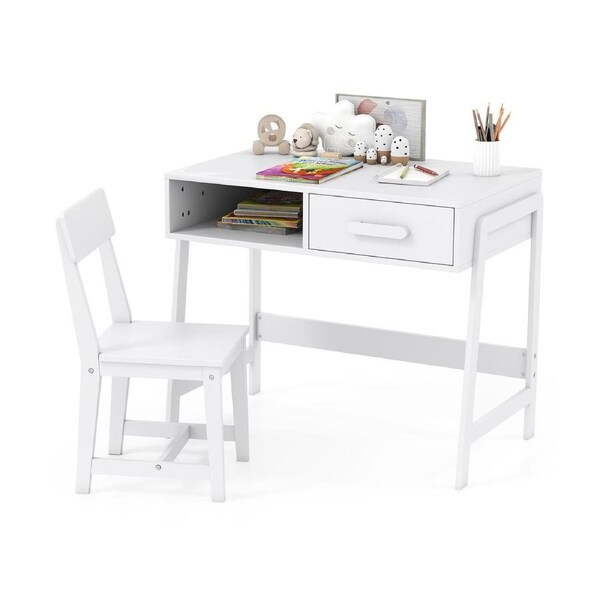 Giantex Wooden Study Desk Kids Table & Chair Set w/Storage Drawer & Hutch Student Writing Desk White