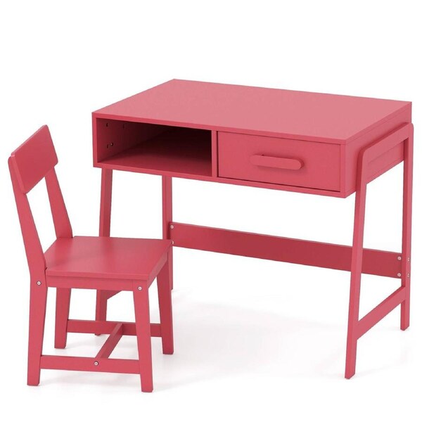 Giantex Wooden Study Desk Kids Table & Chair Set w/Storage Drawer & Hutch Student Writing Desk Pink