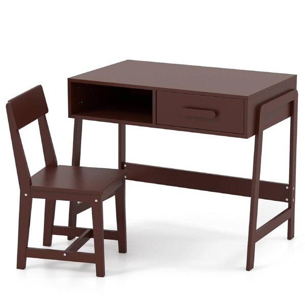 Giantex Wooden Study Desk Kids Table & Chair Set w/Storage Drawer & Hutch Student Writing Desk Brown