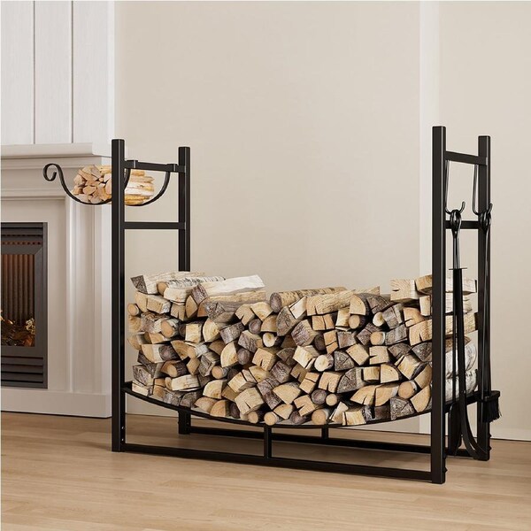 Moyasu Firewood Rack with Kindling Holder Steel Fireplace Tool Log Wood Storage