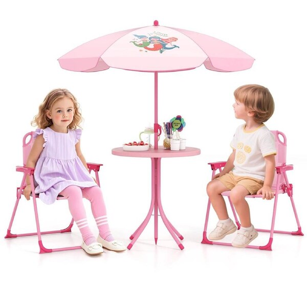 Costway 4PCS Patio Furniture Outdoor Activity Table w/2 Folding Chairs Beach Set Pink