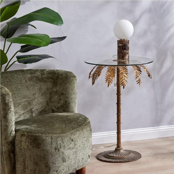 Amalfi Palm Tree Glass Side Table Antique Look Bedside Table Furniture 43x73cm Gold/Clear / 50x50x73cm