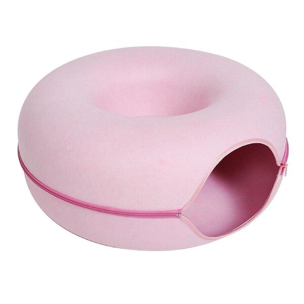 Cat Tunnel Bed Felt Pet Puppy Nest Cave House Round Donut Interactive Play Toy - Medium Pink