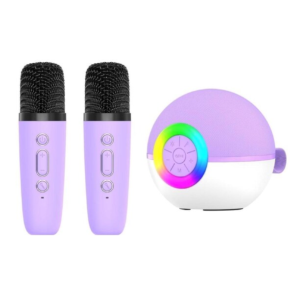 Mini Karaoke Machine - 2x Wireless Microphones Portable Bluetooth Speaker Purple