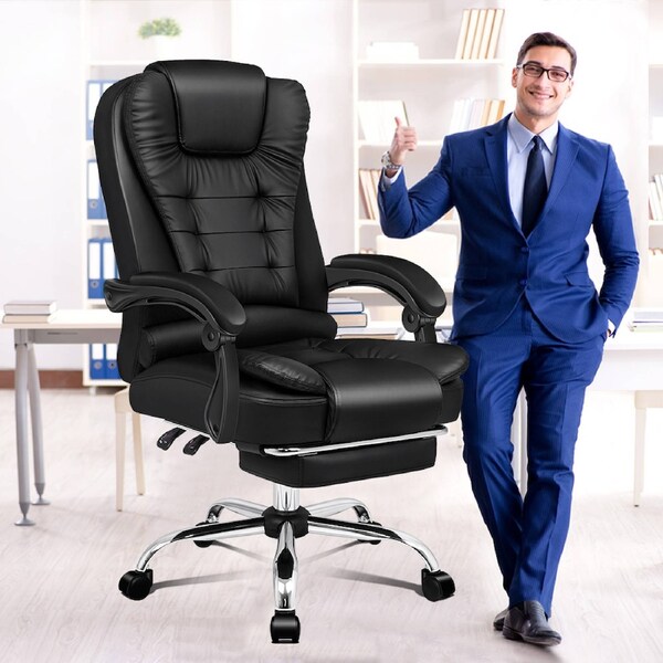 ALFORDSON Office Chair Gaming Executive Computer Footrest PU Leather Work Seat EARL - Black with Footrest