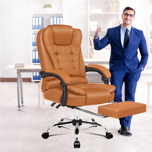 ALFORDSON Office Chair Gaming Executive Computer Footrest PU Leather Work Seat EARL - Brown with Footrest
