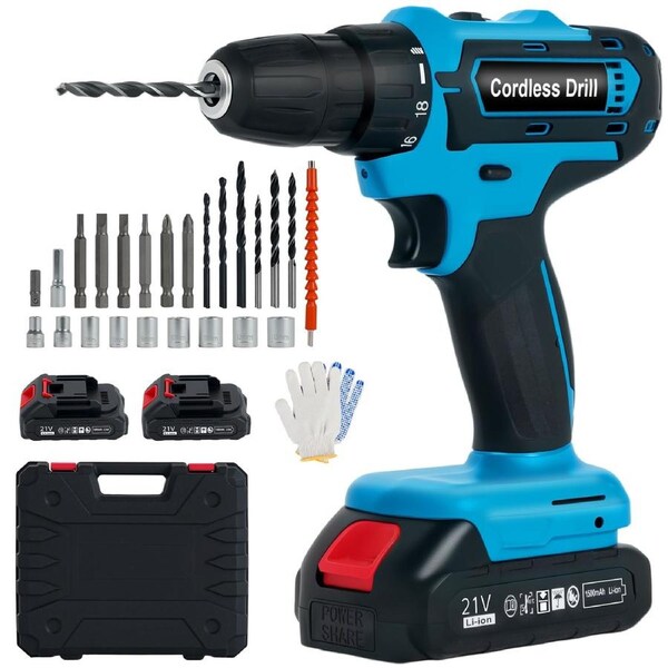 Advwin Cordless Electric Drill, 21V Power Drills Set Tool Drills Set with 2 Lithium-Ion Batteries, 18 Torque Settings, Variable Speed 0-1500 RPM