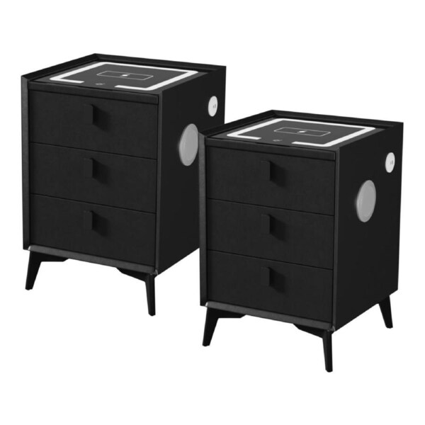 Oikiture Set of 2 Smart Bedside Tables Wireless Charging LED Lights 3 Drawers Black