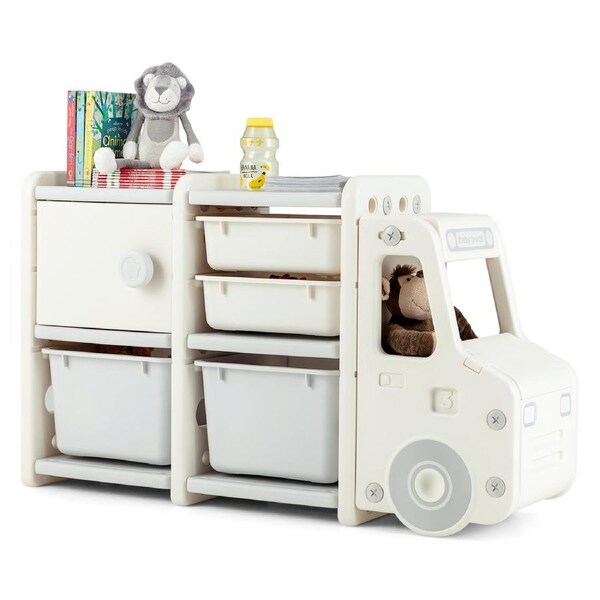 Costway Toy Storage Organizer Truck-shaped Cabinet w/2 Plastic Bins & Drawers Playroom Beige