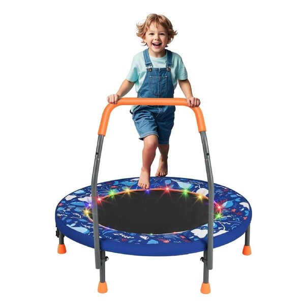 Costway Foldable Trampoline Mini Trampoline w/20 LED Lights & Foam Handlebar Indoor & Outdoor Trampoline Navy