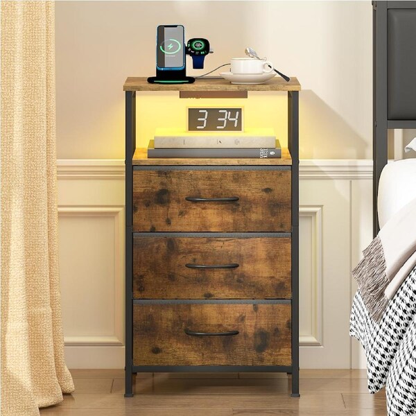 Advwin LED Bedside Table with Charging Station 3 Fabric Drawers Nightstand Side Table Rustic Brown