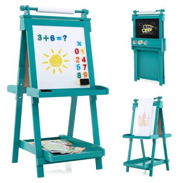 Babyjoy 3-in-1 Art Easel Foldable Drawing Board w/Chalkboard & Whiteboard Creative Art Center Green