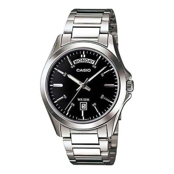 Casio MTP-1370D-1A1 Black Dial Silver Stainless Steel Analog Watch with Day Date