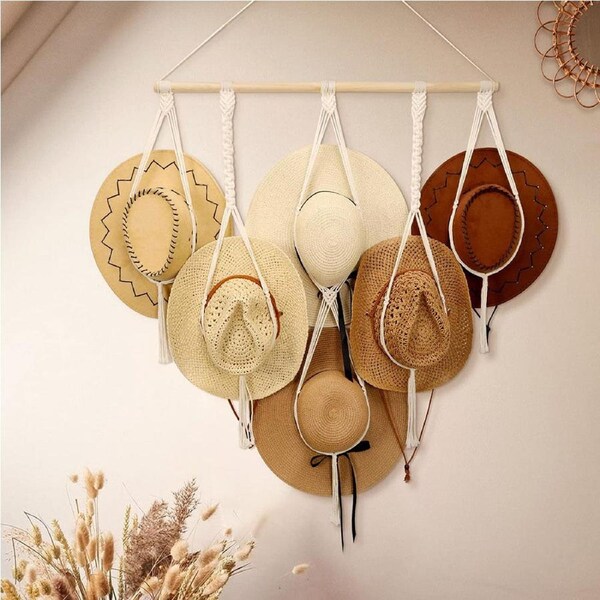Macrame Hat Hangers Boho Hat Rack for Wall Hat Holder Display Organizer