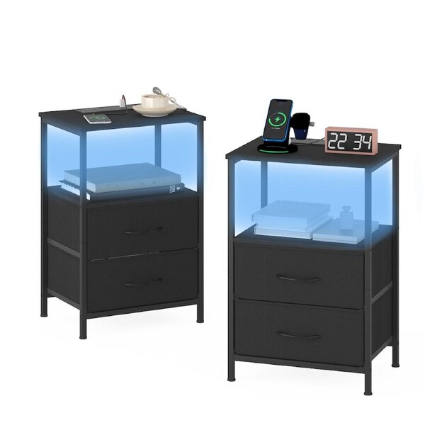 Advwin LED Bedside Table Set of 2 with Charging Station 2 Fabric Drawers Nightstand Side Table Black