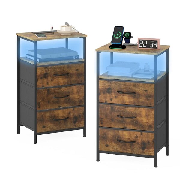 Advwin LED Bedside Table Set of 2 with Charging Station 3 Fabric Drawers Nightstand Side Table Rustic Brown