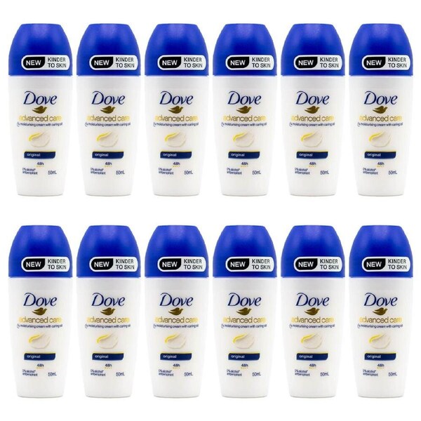 12PK Dove 50ml Advanced Care 48h Deodorant Roll On Anti-Sweat For Women Original