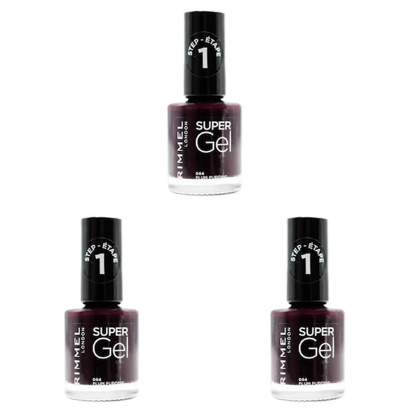 3x Rimmel London 12ml Step 1 Super Gel Nail Polish Quick Dry 064 Plum Pudding