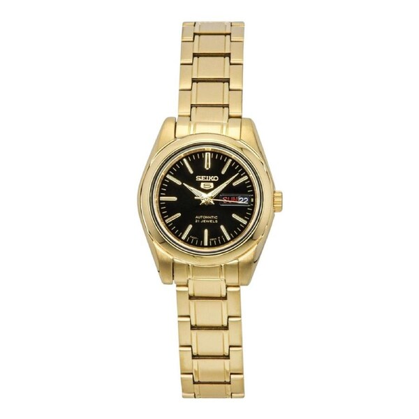 Seiko SYMK22K1 Black Dial Gold Tone Automatic Ladies Watch Day Date 27mm
