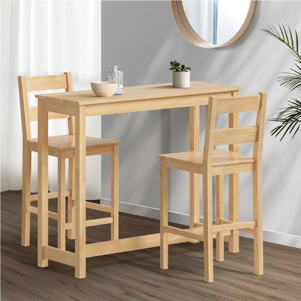 Oikiture 3PCS Bar Table Set 2 Stools Chairs Kitchen Dining Breakfast Cafe Tables Natural