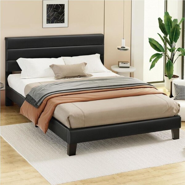 ALFORDSON Bed Frame Double Size Black Leather Upholstered