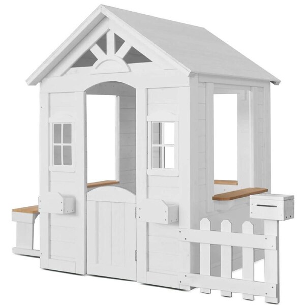White Teddy Cubby House with Picket Fence