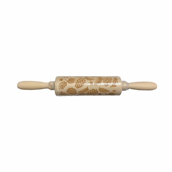 Christmas Wooden Rolling Pin Engraved Pine Cone Leaf Pattern Baking Embossed