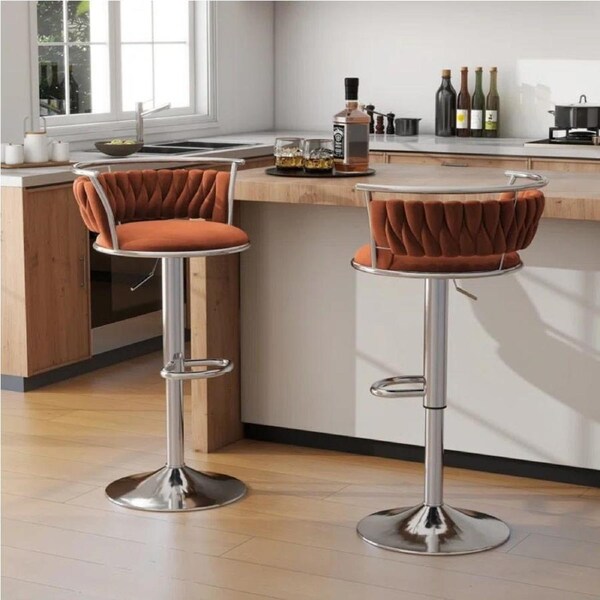 SERENITà Silver Swivel Upholstered Velvet Adjustable Height Counter Stool with Metal Frame Orange (Set of 2)