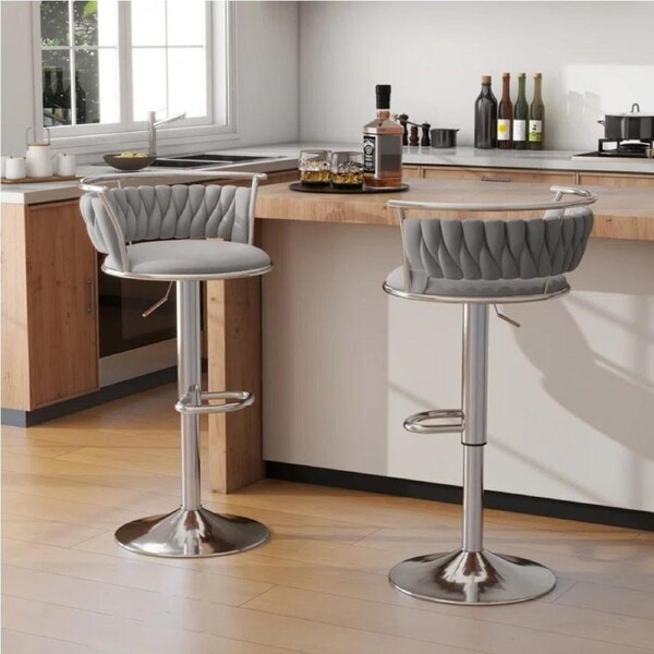 SERENITà Silver Swivel Upholstered Velvet Adjustable Height Counter Stool with Metal Frame Grey (Set of 2)