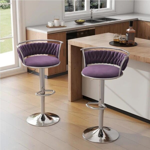 SERENITà Silver Swivel Upholstered Velvet Adjustable Height Counter Stool with Metal Frame Voilet (Set of 2)