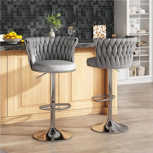SERENITà Modern Silver Swivel Upholstered Velvet Adjustable Height Counter Stool with Metal Frame Grey (Set of 2)
