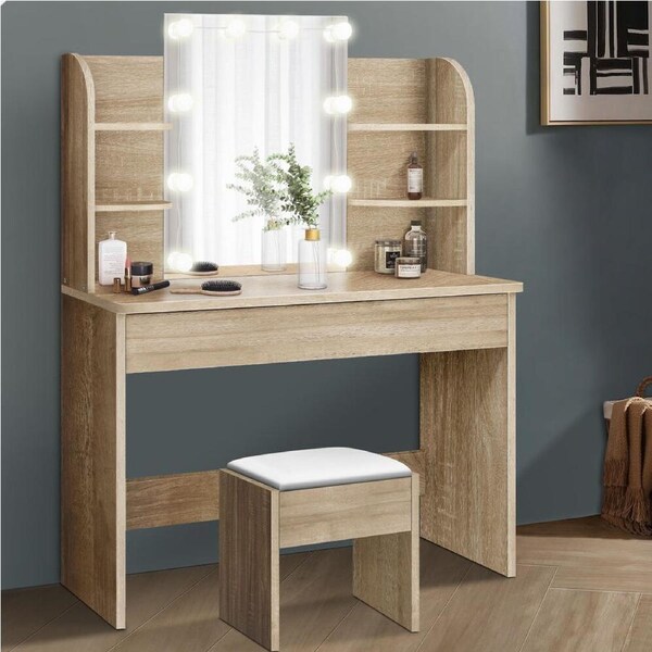 ALFORDSON Dressing Table Stool Set LED Bulbs Makeup Mirror Wood