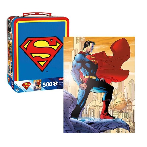 500pc Aquarius Superman Collectable Latched Tin Fun Box with Puzzle 14x19in