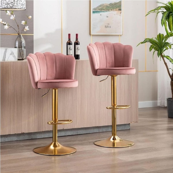 SERENITa Swivel Bar Stools Bar Height Set of 2 Adjustable Upholstered Counter Barstool Velvet Bar Chairs with Back/Gold Base for Kitchen Island/Bar/Cafe-Pink